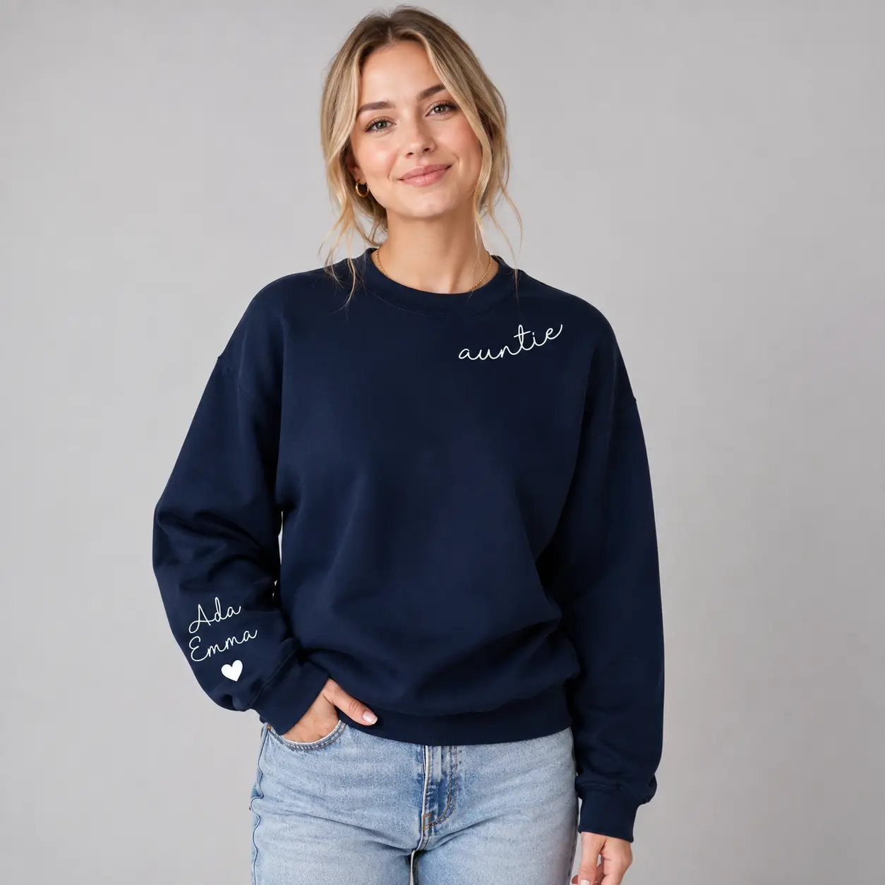 Personalized Auntie Sweatshirt, Custom Neck Text and Kids Names on Sleeve, Family Gift for Aunt
