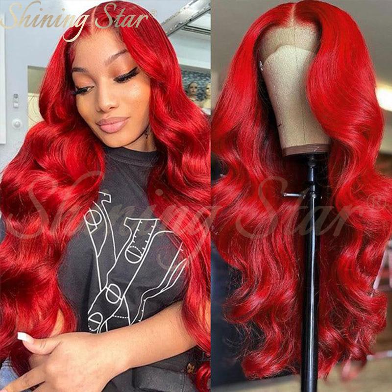 ShiningStar Red Body Wave 13X1 HD Transparent Lace Front Human Hair Wigs for Women Colored Brazilian Deep Part Wig 28INCH
