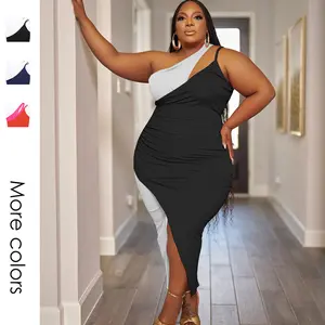 Women's Plus Size Colorblock Wrap One Shoulder Bodycon Dress, Ruched Asymmetrical Sleeveless Dress for Summer