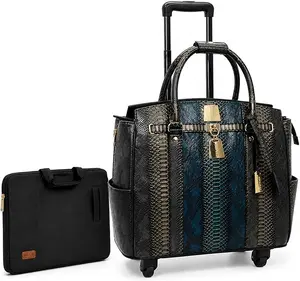 Women's Rolling Briefcase with Wheels, Laptop Compartment - Teal and Charcoal - Print Business Luggage Tote Bag