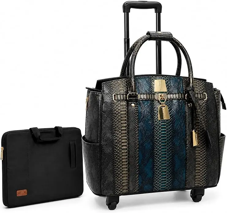 Women's Rolling Briefcase with Wheels, Laptop Compartment - Teal and Charcoal - Print Business Luggage Tote Bag