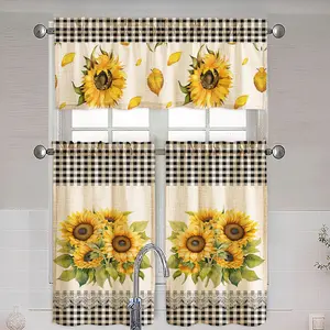 JIT 1PC/2PCS/3PCS linen printed curtains, Nordic pastoral style with black-and-white stripes and sunflower bouquets, semi-transparent rod-pocket type, 195G fabric texture, suitable for kitchens and bedrooms, making your home warmer and cozier.