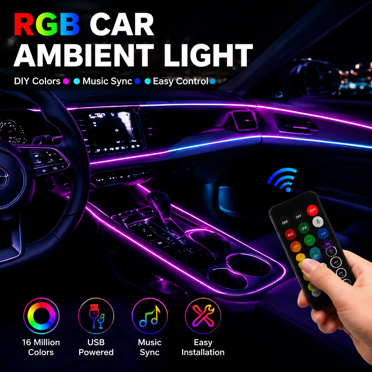 RGB Car Interior Ambient Light Kit, USB Powered Neon Fiber Optic LED Strip DIY Car Atmosphere Lighting, Cuttable Flexible Dash Trim Light, Easy Install for Cars Trucks SUVs, Mood Lighting Decoration #CarInterior #RGBLights #CarAccessories