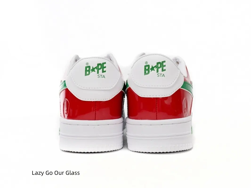 Unisex White Red & Green Glossy Patent Leather Low Top Casual Sneakers, Matching Green Stitched Star Side Logo, White Flat Laces, Cushioned Insole Street Flat Shoes For Daily Outfit, Holiday Style & Street Fashion
