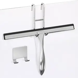 12 Inch Silver All-Purpose Stainless Steel Shower Squeegee for Shower Glass Door with 2 Hooks (Adhesive & Regular), Bathroom Cleaner Tool, Window & Mirror Squeegee for Tile Walls, Car Glass Surfaces