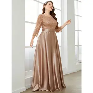 Crew neck long sleeve sequin patchwork satin long ball gown party dress bridesmaid dress