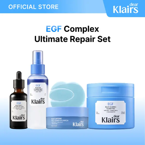[DearKlairs] EGF Complex Ultimate Repair Set - Blue Youth Activating Drop Serum (50ml), Calming Toner Pad, Cooling Mist (100ml), Caffeine Full Cover Eye Patch - Soothing Hydration Post-Blemish Care for Sensitive Skin