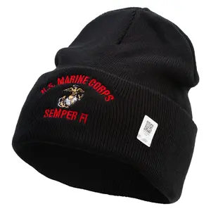 US Marine Corps Semper Fi Logo Embroidered 12 Inch Solid Knit Cuff Long Beanie Made in USA