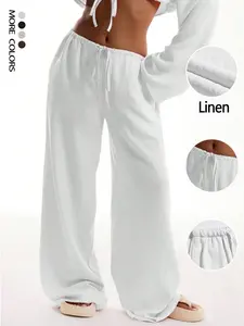 Women's Tie Front Linen Boho Beach Trousers Summer Flowy Loose Fit Wide Leg Palazzo Pants With Pocket Casual Solid Color Soft Synthetic Silk Elastic High Waist, Casual Drawstring Waist Lounge Pants Travel Vacation Bottoms Home