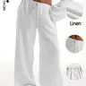 Women's Tie Front Boho Beach Trousers Summer Flowy Loose Fit Wide Leg Palazzo Pants With Pocket Casual Solid Color Soft Synthetic Silk Elastic High Waist Lounge Pants Elegant and Minimalist Travel Vacation Bottoms Date Brunch Home Work Streetwear Co