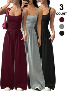 1/3 Counts Women's Sleeveless Halter Jumpsuit, Thin Cross Over Shoulder Straps, Ruched Waist Wide Leg Pants with Pockets, Loungewear, Casual, Suitable for Parties and Play Out Fashion Wear
