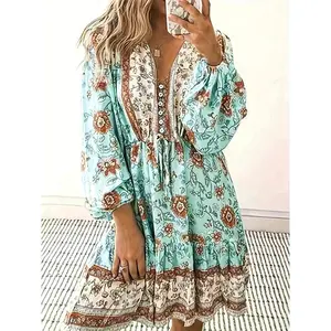 [Boho Floral Dress] Bohemian Floral Print Women's V-Neck Long Sleeve Dress |   Knee-Length A-Line Maxi Skirt with Button Front & Ruched Waist - Vacation, Beach, Casual Outings