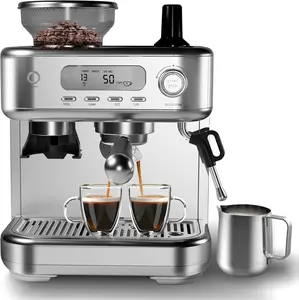 Garvee Espresso Machine Built-In Grinder, High Power Milk Frother, Digital LCD, Stainless Steel (Single/Double Brew)