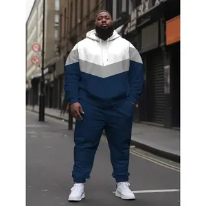Aost-Effect 2pcs Plus Size Color Block Men’s Casual Hoodie Tracksuit, Hooded Sweatshirt & Pants Set