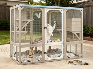 Expandable Wooden Outdoor Catio, Multi Level Cat Enclosure with Connect Window, Weatherproof Waterproof Roof, Multiple Lock Doors for 2-4 Cats