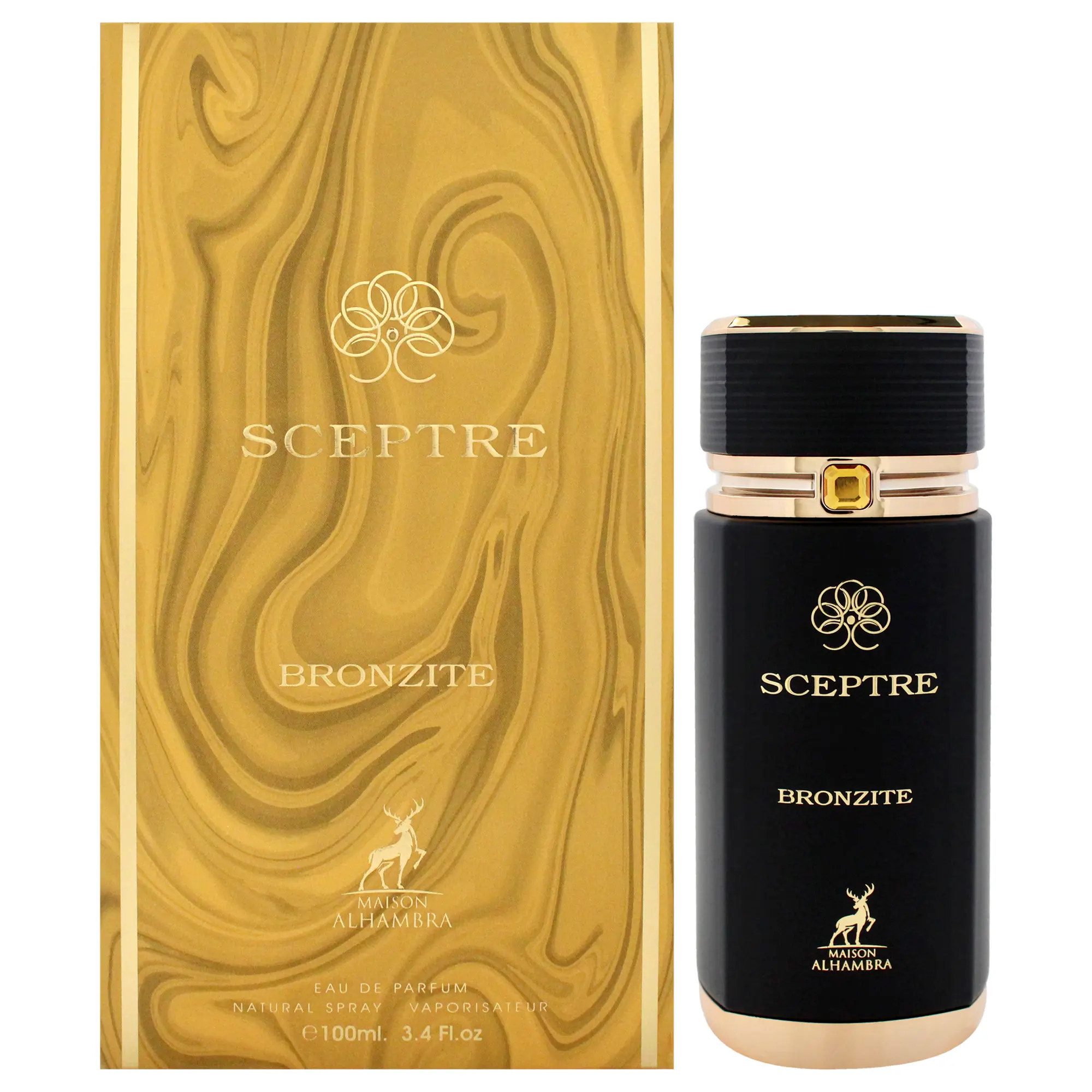 Maison Alhambra Sceptre Bronzite Luxury Aroma EDP Spray for Men, 3.4 oz (100ml/3 to 3.9 fl oz), Gold and Black Design, Ideal for Personal Use