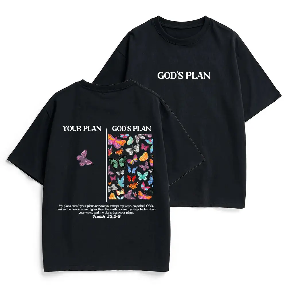 Unisex Christian Graphic Tee - God's Plan, Vintage 90s, Retro Washed, Cotton, Sarcastic Funny Cat Meme, Rifle, Grunge Album Skull, Sleepy Vibe, Denim-Cargo Inspired, Leather Accessories Compatible, Summer Streetwear Gift Top (For Women/Men), Shortsleeve,,