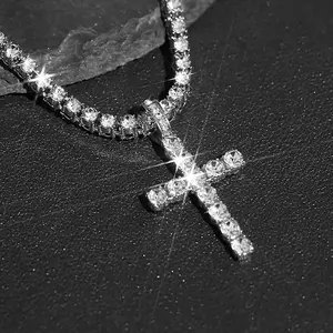 Hip Hop Diamond-Studded Personality Cross Pendant Necklace Single Chain Unisex Jewelry mens name morse code gemstone chic retro locking memory silver twisted crown hiphop Beach Layered protection gorgeous men scarf fidget poison tree black choker heart
