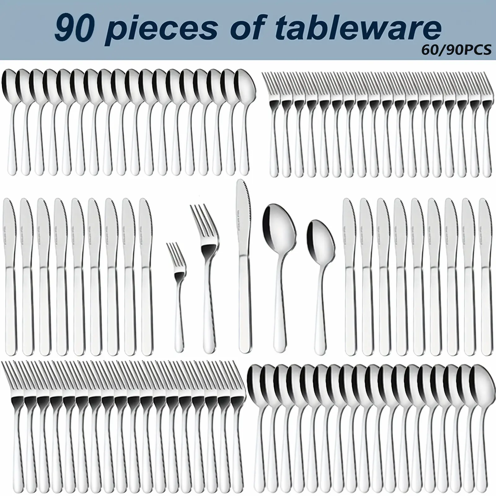90P Stainless Steel Silverware Suitable for 18 People to Use, 60/90pcs, Steak Knife, Salad Fork, Dessert Spoons, Cutlery Set with Gift Box, Kitchen Accessories, Home Outdoor, Wedding Camping Stuff, Halloween Party Gift, Dishwasher Safe