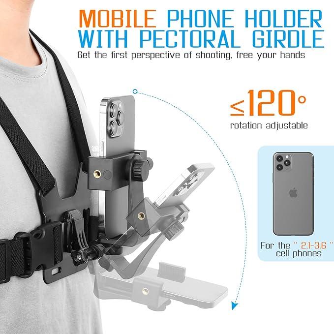 Premium Chest Phones Holder strap Capture Amazing TikTok Videos Hands-Free | Great for Vlogging, Fitness, Hiking, Cycling | Universal Fit for Smartphones | Stable, Lightweight, and Adjustable |Clip Cellphone Stand Mount Rubber