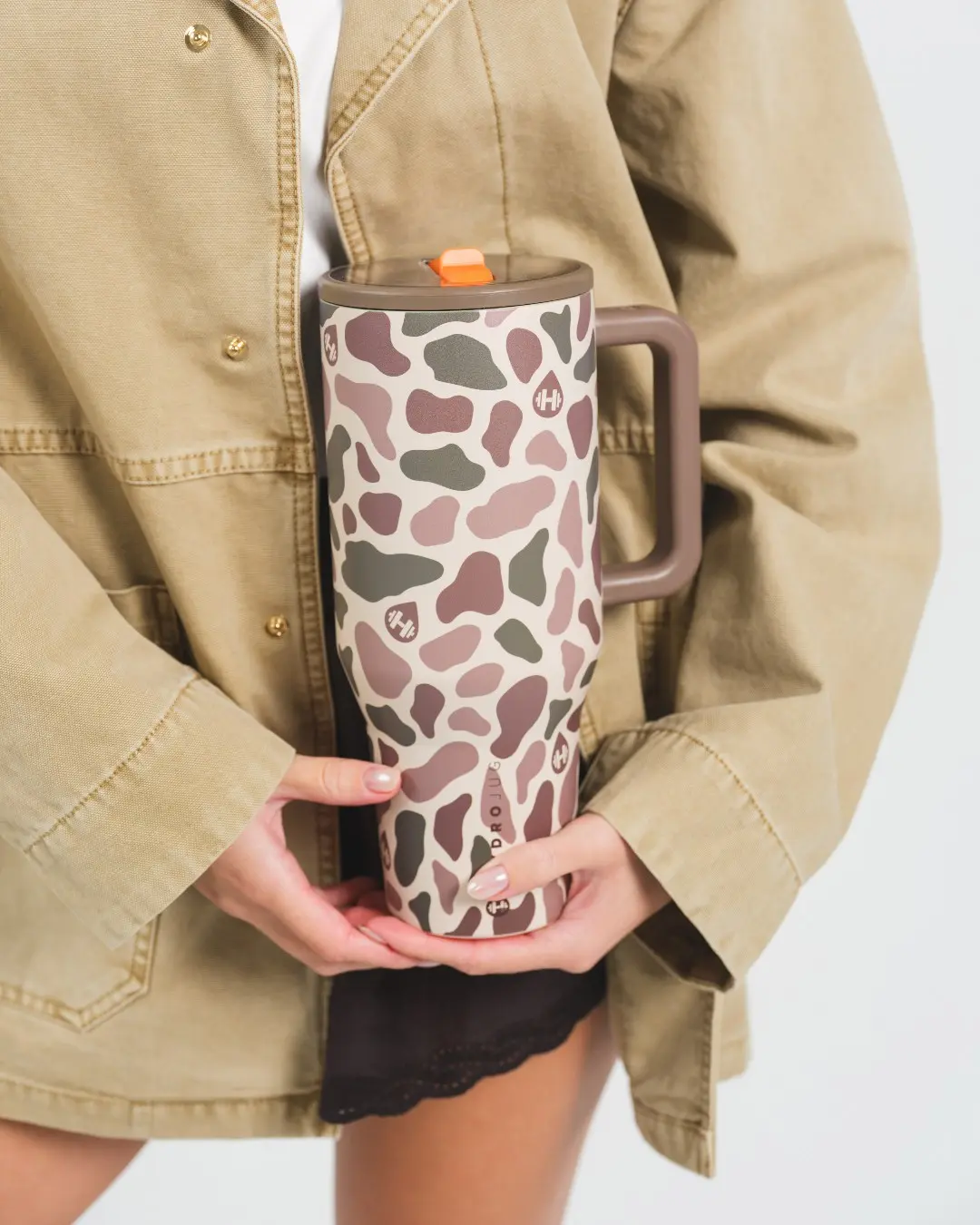 HydroJug Traveler 40oz Classic Stainless Steel Insulated Outdoor Vacuum Flask - Duck Camouflage, Portable Wide Mouth, 100% Leakproof, 24H Cold Retention, Handle, Ice Cube Compatible, Car Cupholder-Fit, Silicone Straw, Ideal Gift for Her, Travel Tumbler, T