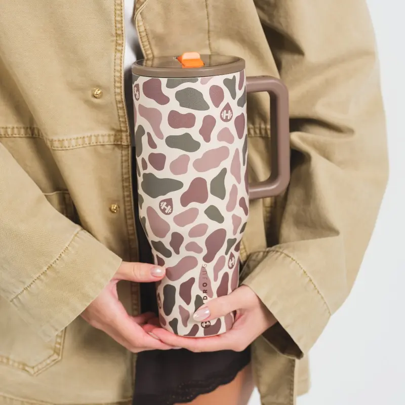 HydroJug Traveler 40oz Retro Classic Stainless Steel Insulated Travel Tumbler - Duck Camouflage, Wide Mouth, 100% Leak-Proof Water Bottle, 24H Cold Retention, Handle, Ice Cube Compatible, Cupholder Ready, Silicone Straw, BPA-Free, Ideal Gift for Her