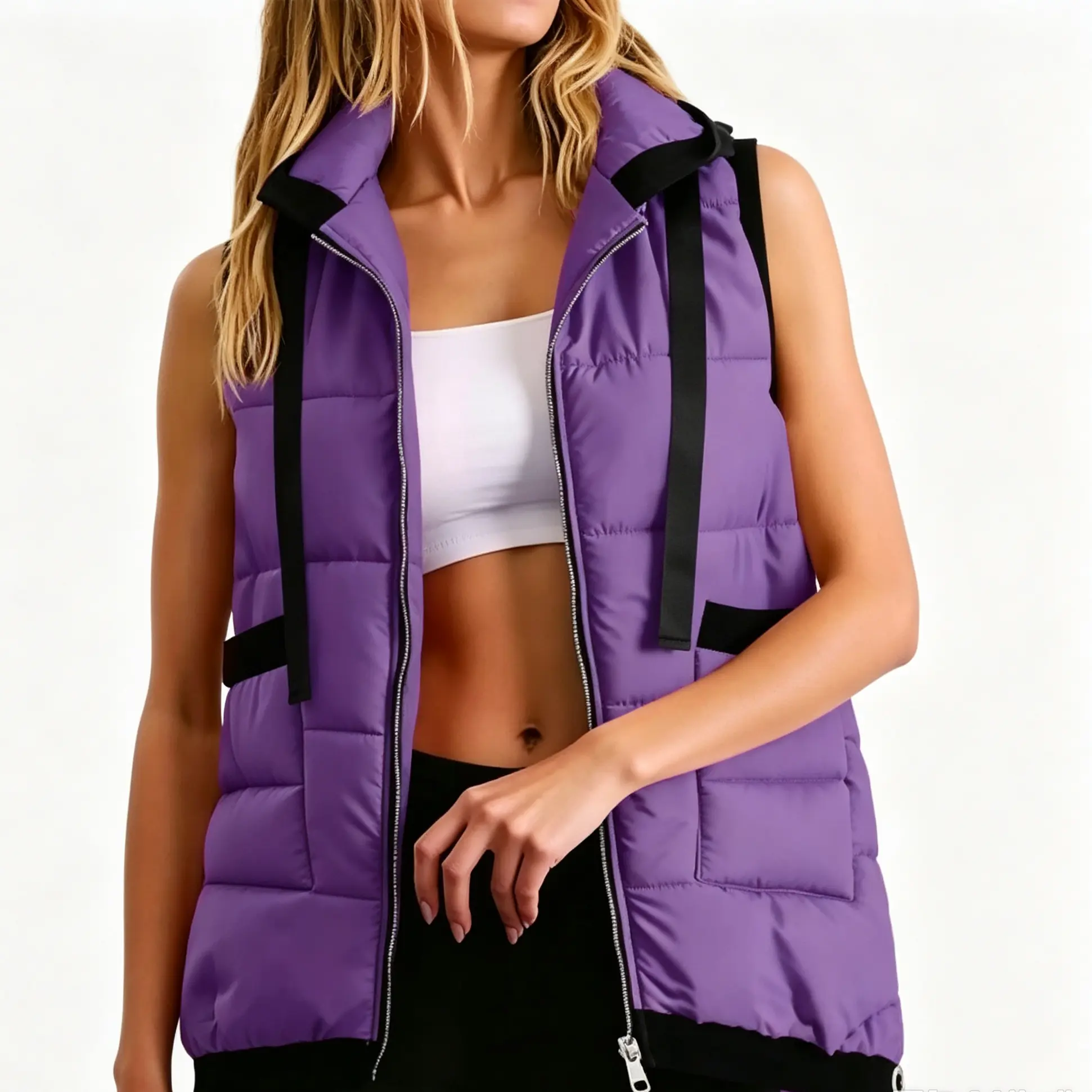 Wodubu Women's Hooded Vest - Sleeveless Zip-Up Quilted Padded Gilet, Casual Loose Mid-Length Winter Warm Outerwear with Pockets