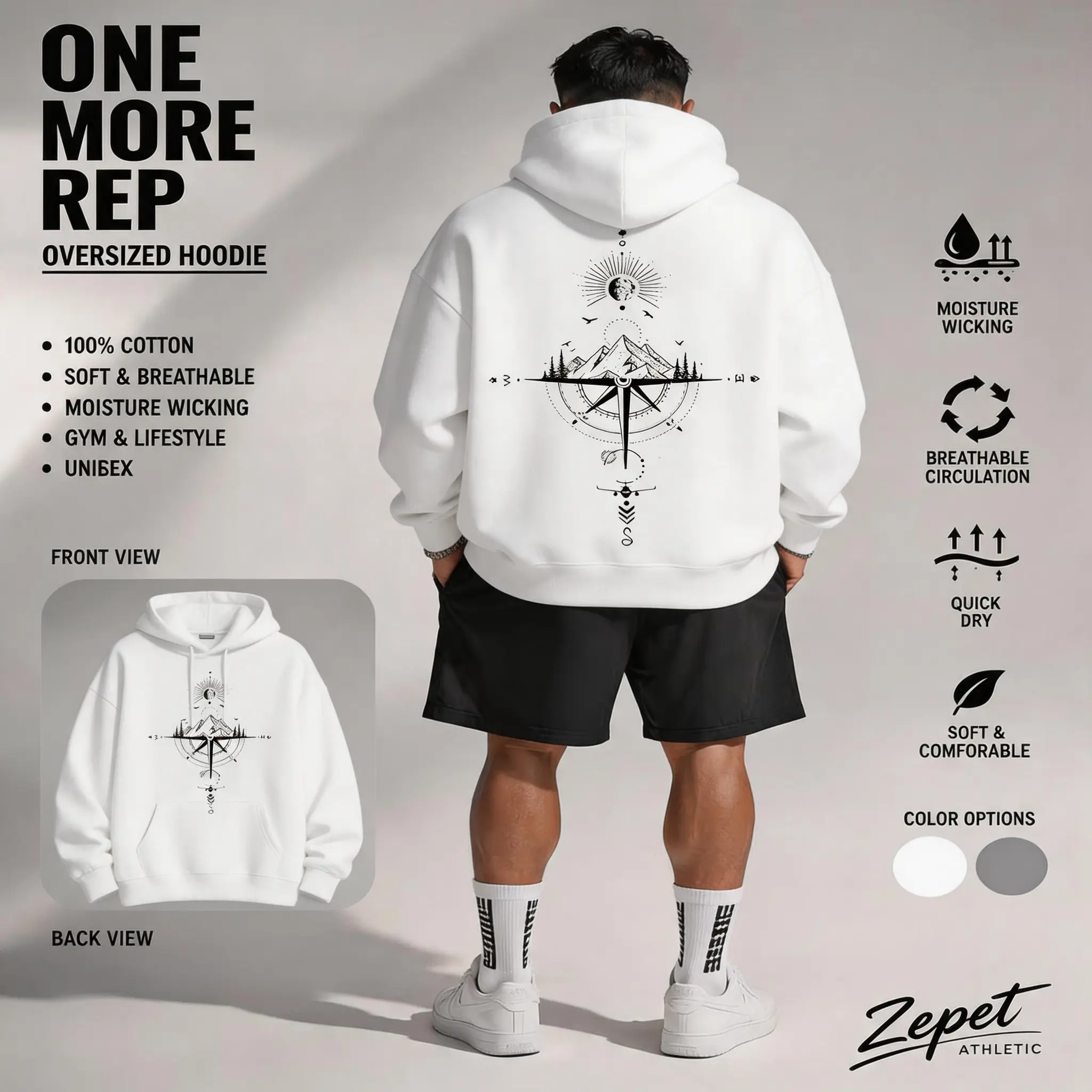 One More Rep Oversized Gym Hoodie for Men, Soft Cotton Moisture Wicking Hoodie with Compass Design, Casual Lifestyle Pullover Sweatshirt for Workout Daily Wear