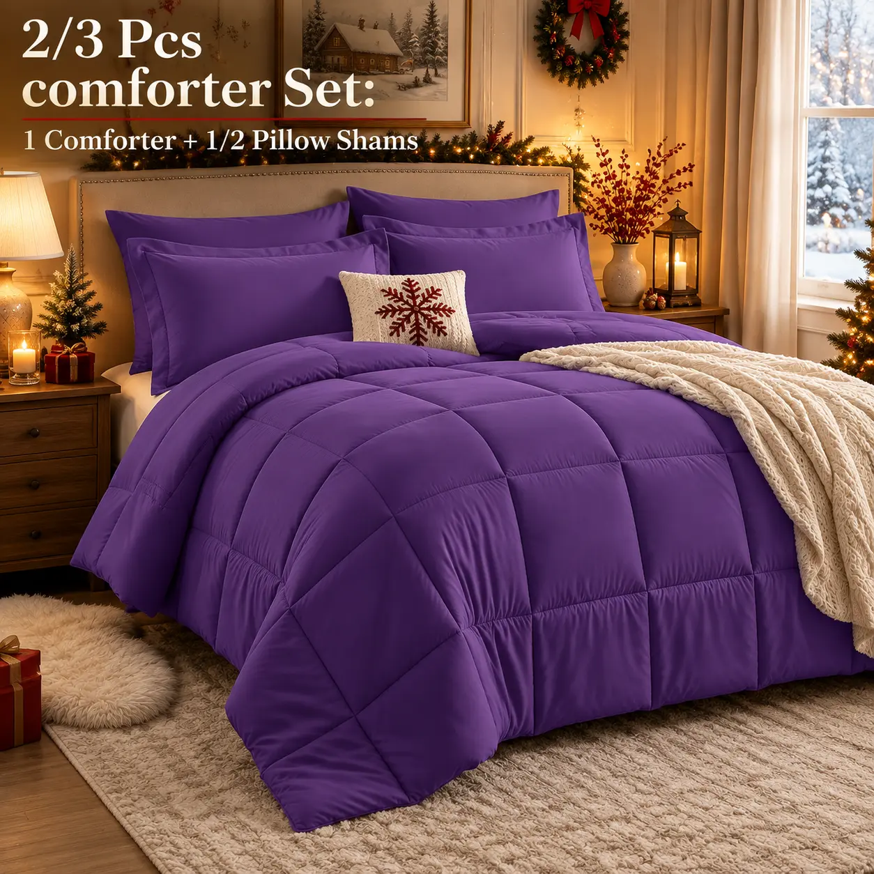 Solid Color Comforter Set - 2/3-Piece Soft Cotton-Poly Blend Bedding Set with Matching Pillow Shams, Box-Stitched Down Alternative Comforter, Machine Washable Bedroom Decor
