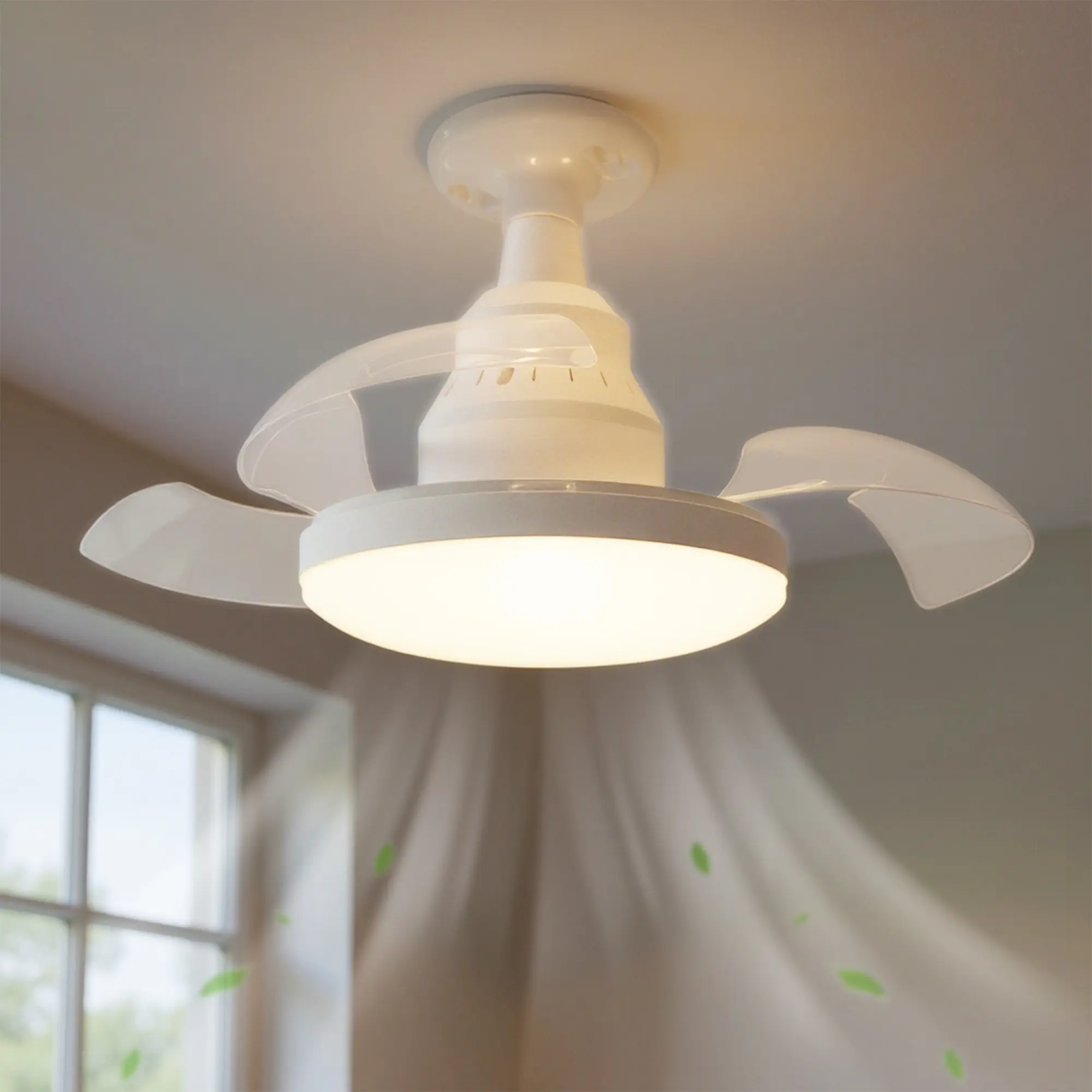 DORESshop 16in White Round Bladeless Flush Mount Ceiling Fan with 24W LED Lighting, 2800 Lumens, Adjustable Settings, Smart APP and Remote Control for Bedroom