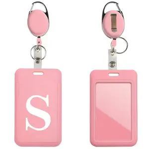 Letter-Pattern ID Badge Holder with Retractable Reel, 1 Set Slim Vertical-Design Name Card Holder with Clip & Keyring