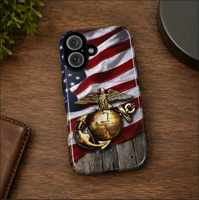 USMC American Flag Phone Case, Eagle Globe and Anchor Military Protective Cover, Patriotic Marine Veteran Gift for Service Members and Military Families