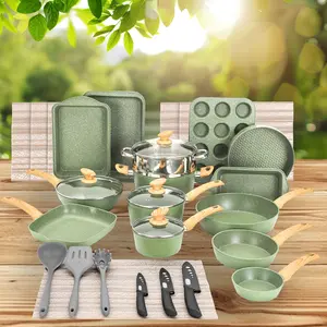 [Live] Cookware & Bakeware Set - 12/17/30 Piece Black Granite Cooking Pans Set, Non-Stick Pots and Pans Set, Green Kitchen Cooking Pans Set, Halloween Gift