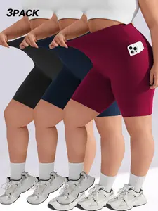 Women's Plus Size High Waist Elastic Skinny Pants, Abdominal Control, Pocket Design, Casual Comfort for Daily Wear & Outdoor Activities, Soft Stretch Shorts