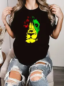 Beautiful Lion Face Rasta Colors Style T-Shirt T-Shirt Print T-Shirt Casual Crew Neck Short Sleeve Comfort Tee Top For Spring & Summer Women's Clothing