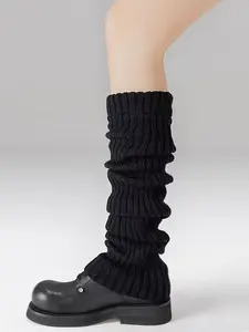 Women's Y2K Loose Leg Warmers Socks, Knee-Length Black Color Knit Fabric, Thick Striped Design, Perfect for Fall & Winter, Casual Fitted Style, Soft Comfy Hosiery, Womenswear