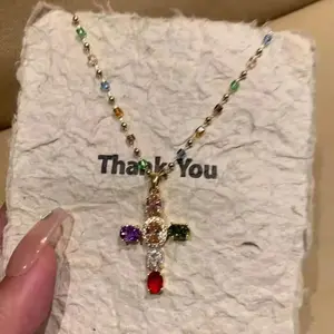 Women's Multicolor Gemstone Decorated Zircon Cross Pendant Necklace, Gold-Tone Alloy Whimsical Statement Choker, Hypoallergenic Costume Jewelry for Daily Wear & Gifting, Statement Necklace