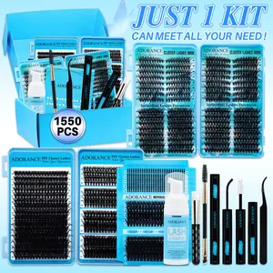 1550PCS/608PCS/592PCS/350PCS Eyelash Clusters Kit Eyelashes Extension Kit D Curl 10 Styles Mixed Length Cat/Doll/Spikes/Volume Lashes Kit with Bond&Seal Lash Remover Lash Brush Lash Applicator Lash Shampoo Brush, Perfect for Beginners&Proficient