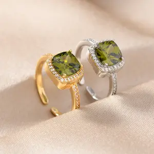 Green Sugar Cube Ring Architectural Vintage Zirconia Band Adjustable Retro Jewelry
