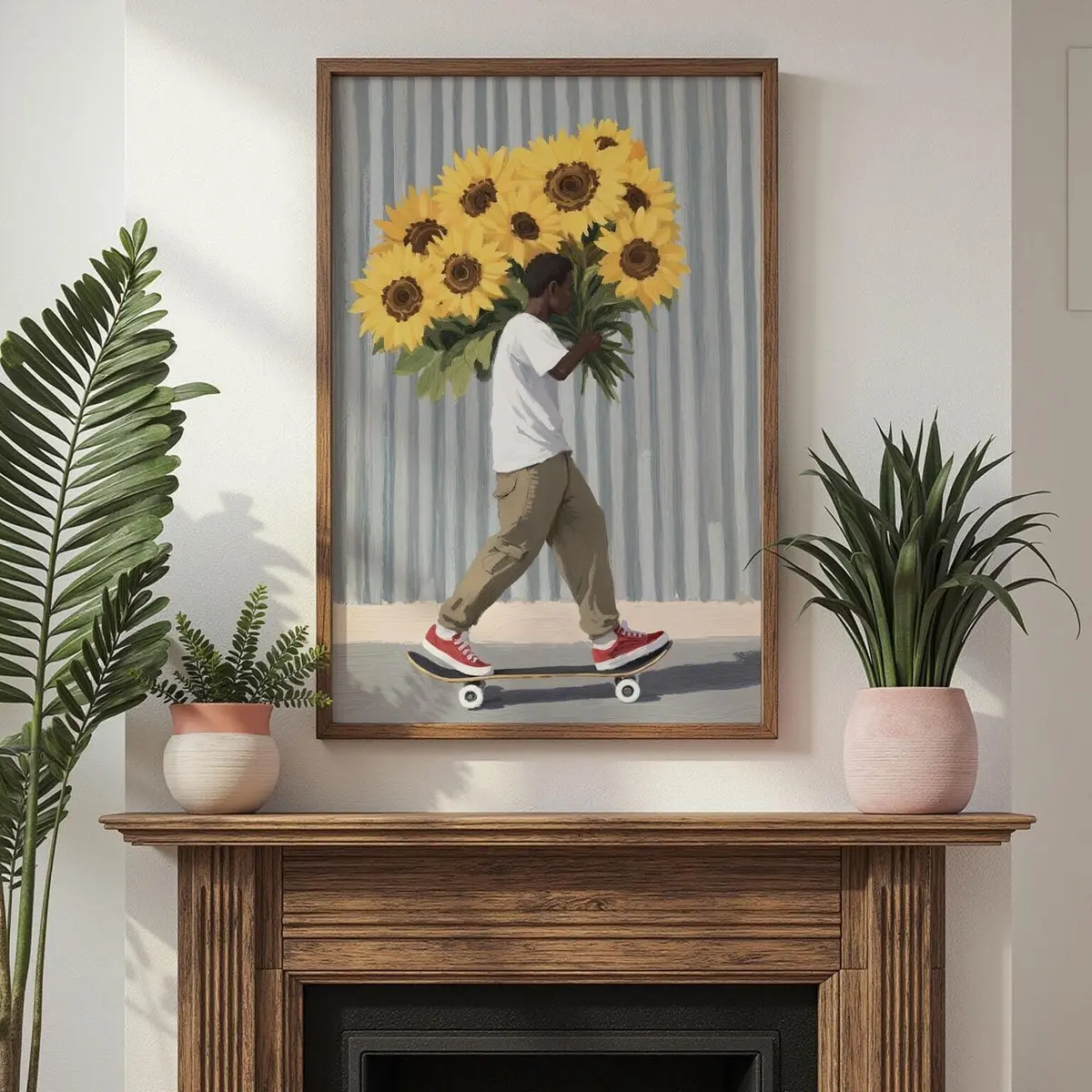 Black Boy with Sunflowers Art, Unique Vibrant Art Print, Skateboard And Flowers Illustration, Whimsical Afrocentric Wall Decor, Unframed, Room Decor