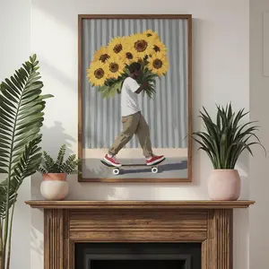 Black Boy with Sunflowers Art, Unique Vibrant Art Print, Skateboard And Flowers Illustration, Whimsical Afrocentric Wall Decor, Unframed, Room Decor