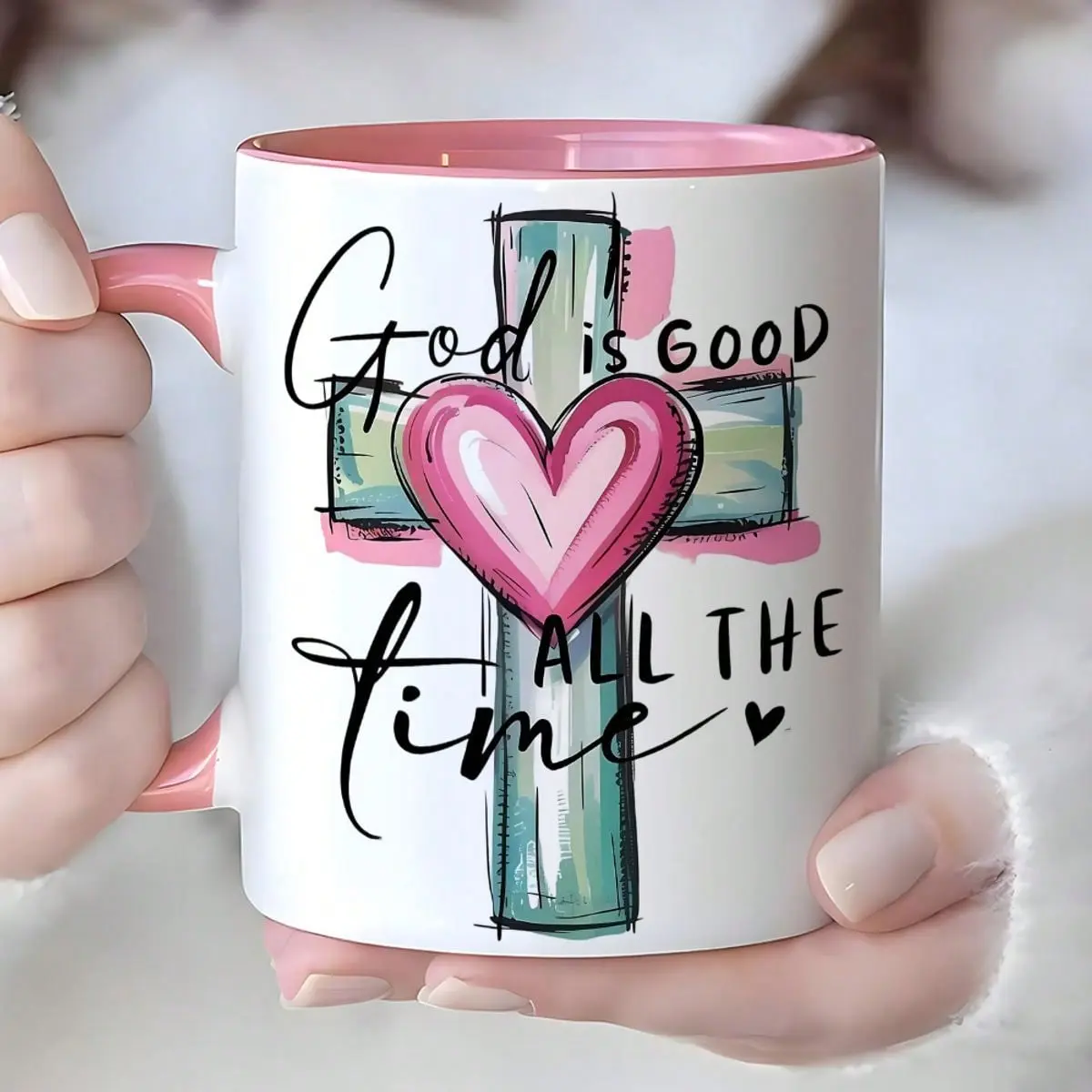 1pc Inspirational Christian Coffee Mug With God Is Good All The Time Message - Pink & Teal Heart & Cross Design, Dishwasher Reusable Cup For Daily Use, Faith-Based Gift For Church, Christmas, Thanksgiving, Birthdays - Uplifting Religious Drin