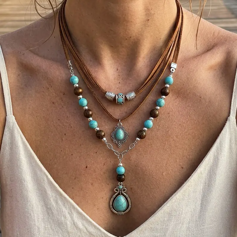 Vintage Western Turquoise Layered Choker Necklace for Women, Boho Double Strand Brown Leather Cord Teardrop Turquoise Pendant Beaded Necklace, Southwestern Cowgirl Ethnic Tribal Jewelry Gift