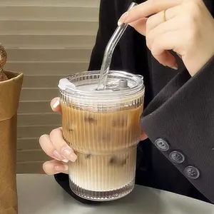 Striped Clear Glass Cup 400ML Transparent with Lid and Straw, Ice Coffee Mug Tea Cup Juice Cup Milk Water Drinking Cup Drinkware Drinking Glassware