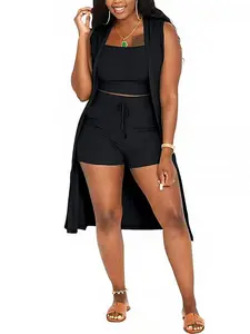 Plus Size 3 Piece Set for Women – Casual Crop Top, Drawstring Shorts and Long Cardigan Outfit, Perfect for Streetwear & Summer Looks Womenswear