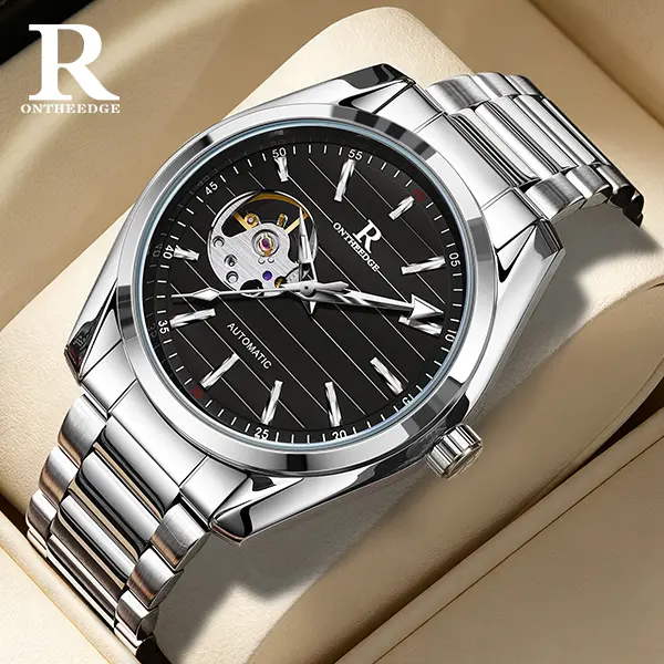 ONTHEEDGE Men's Automatic Open Heart Watch Luxury Mechanical Watch, Stainless Steel Band, Classic Business Dress Watch for Men
