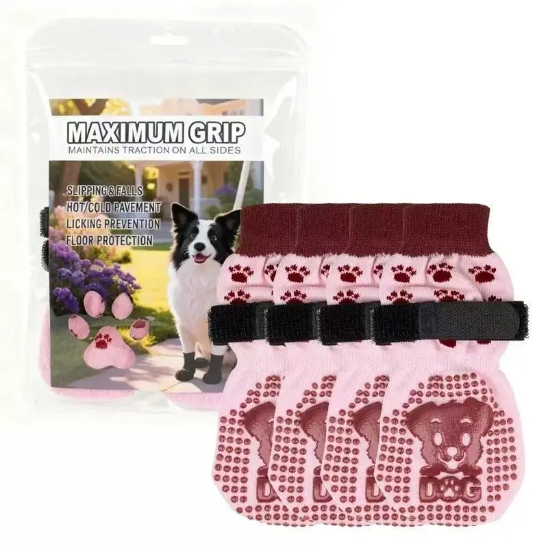 Medium to Large Dog Shoes, Pet Anti-Slip Reflective Adjustable Paw Covers, Breathable Durable Non-Slip Pet Shoe Set, 4 Pieces, Suitable for Large Dogs