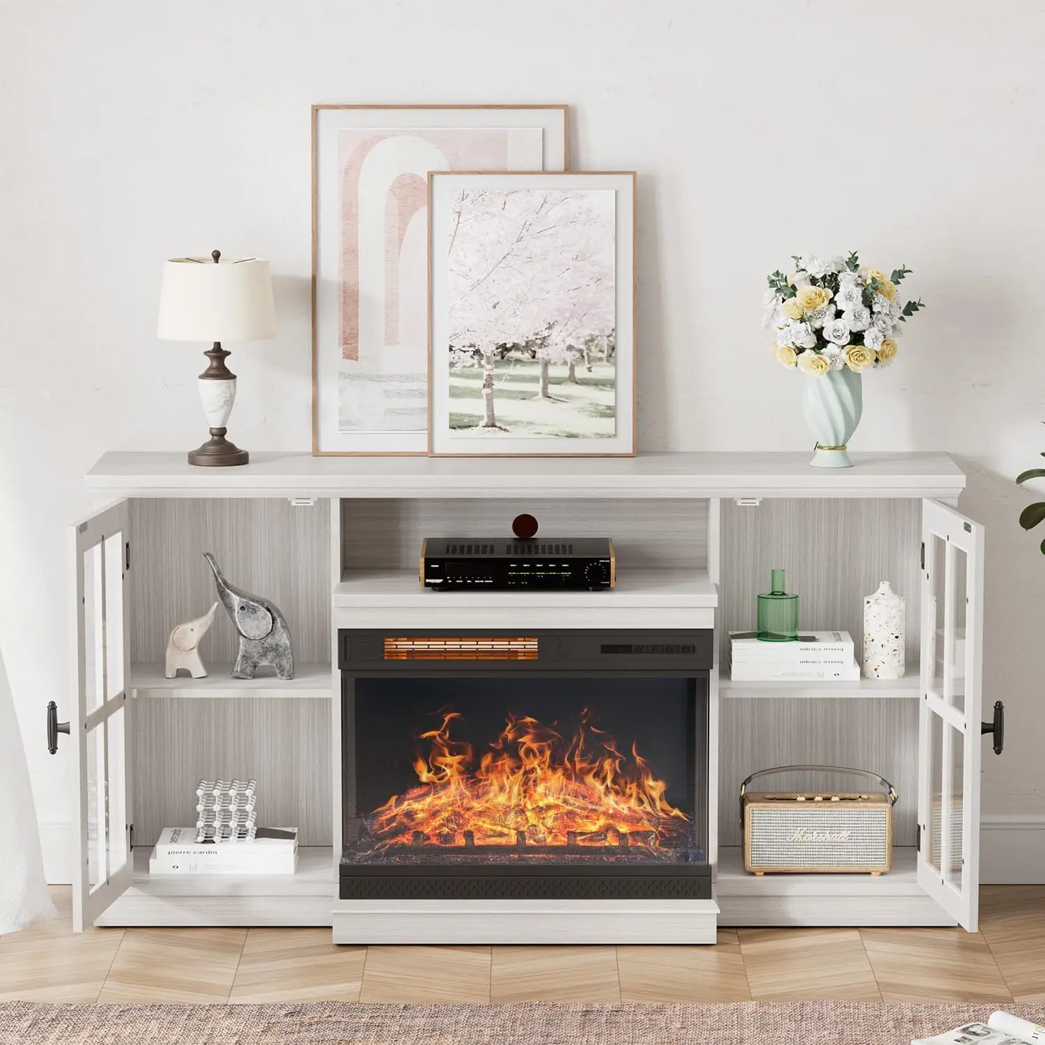 Furmax 65 in Modern TV Console Table - LED Floating Entertainment Stand with 26" Panoramic Fireplace, Smudge-Resistant Glass, Floating TV Stand