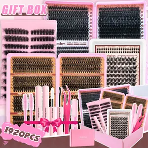 1920Pcs/800Pcs Clusters Eyelashes Set, Individual Lash Clusters with 2 Glue, Tweezers, Remove and 2 Brushes Fluffy and Thick, 30D-130D, D Curl DIY Eyelash Extensions, 9-16mm, Natural Dense Style for Beginner, Daily, Stage Makeup Eyelash Extension Kit
