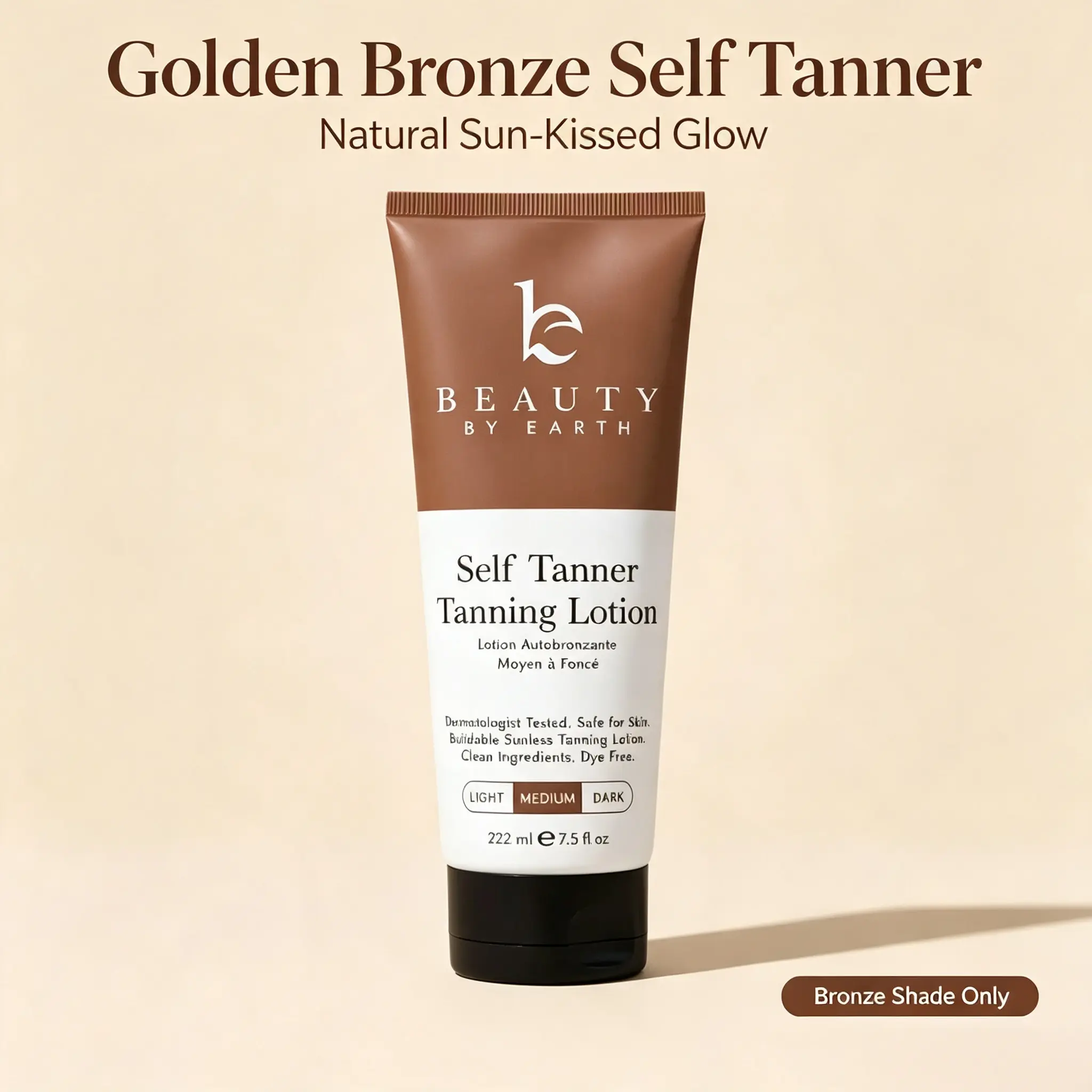 Beauty By Earth Self Tanner Lotion 222ML, Natural DHA Streak-Free Sunless Fake Tan, Buildable Light/Medium/Dark Bronze Glow, Vegan Clean Self Tanning Lotion, No Orange Uneven Skin Tone